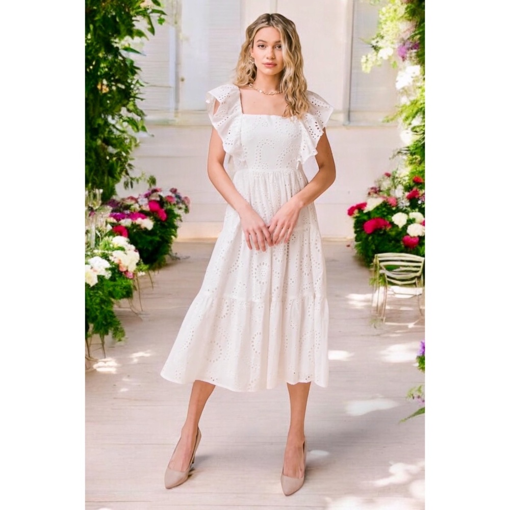 Flying Tomato Natural Beige Cotton Eyelet Midi Dress with Back Bow Tie - Picture 7 of 11